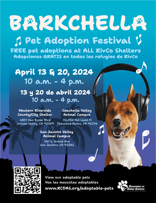 Flyer for Barkchella Adoption event on April 13 and 20, 2024