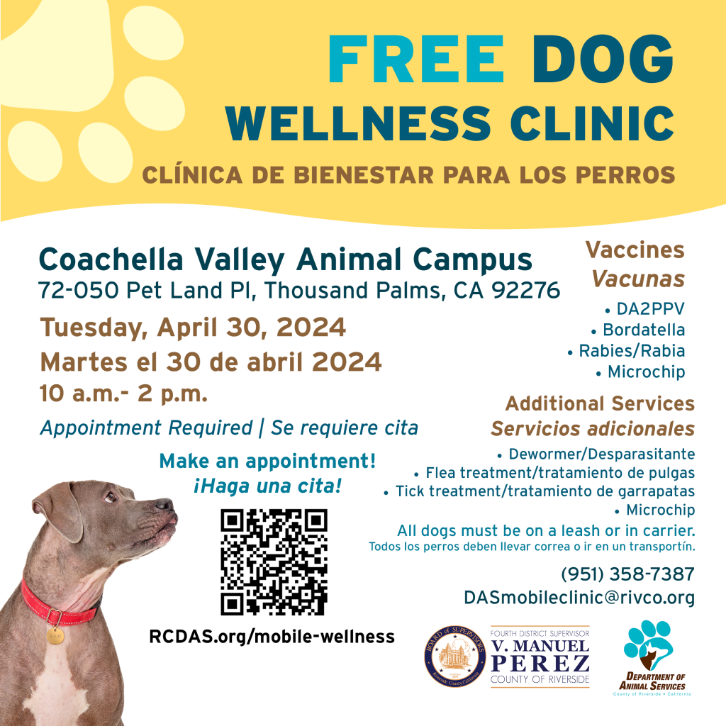 Flyer for April 30 Wellness Clinic in Thousand Palms, CA