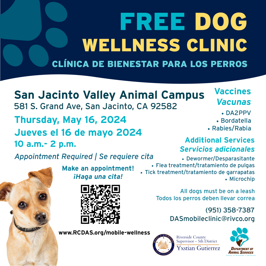 Flyer for May 16 Wellness Clinic in San Jacinto, CA