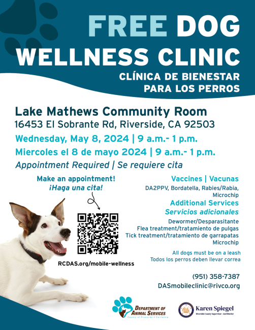 Flyer for May 8 Wellness Clinic in Riverside, CA